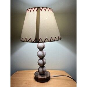 Vintage Scuffed Baseball Table Lamp w/ Wooden Base & Lamp Shade READ